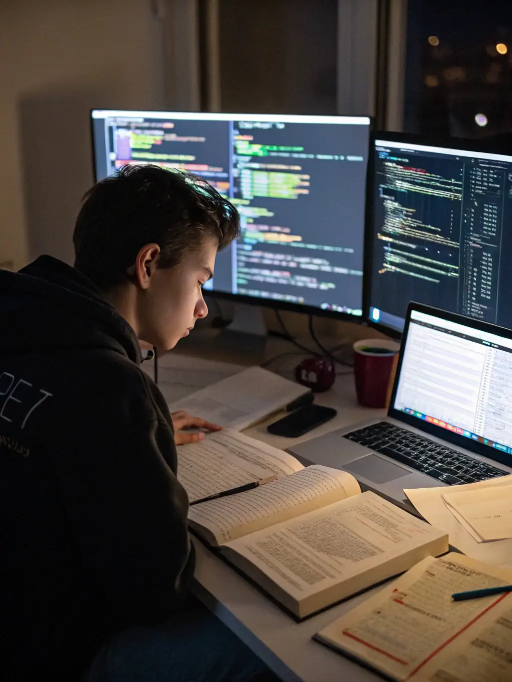 A focused image of a child deeply engaged in coding on a laptop, emphasizing the concentration and problem-solving skills developed in the workshops.