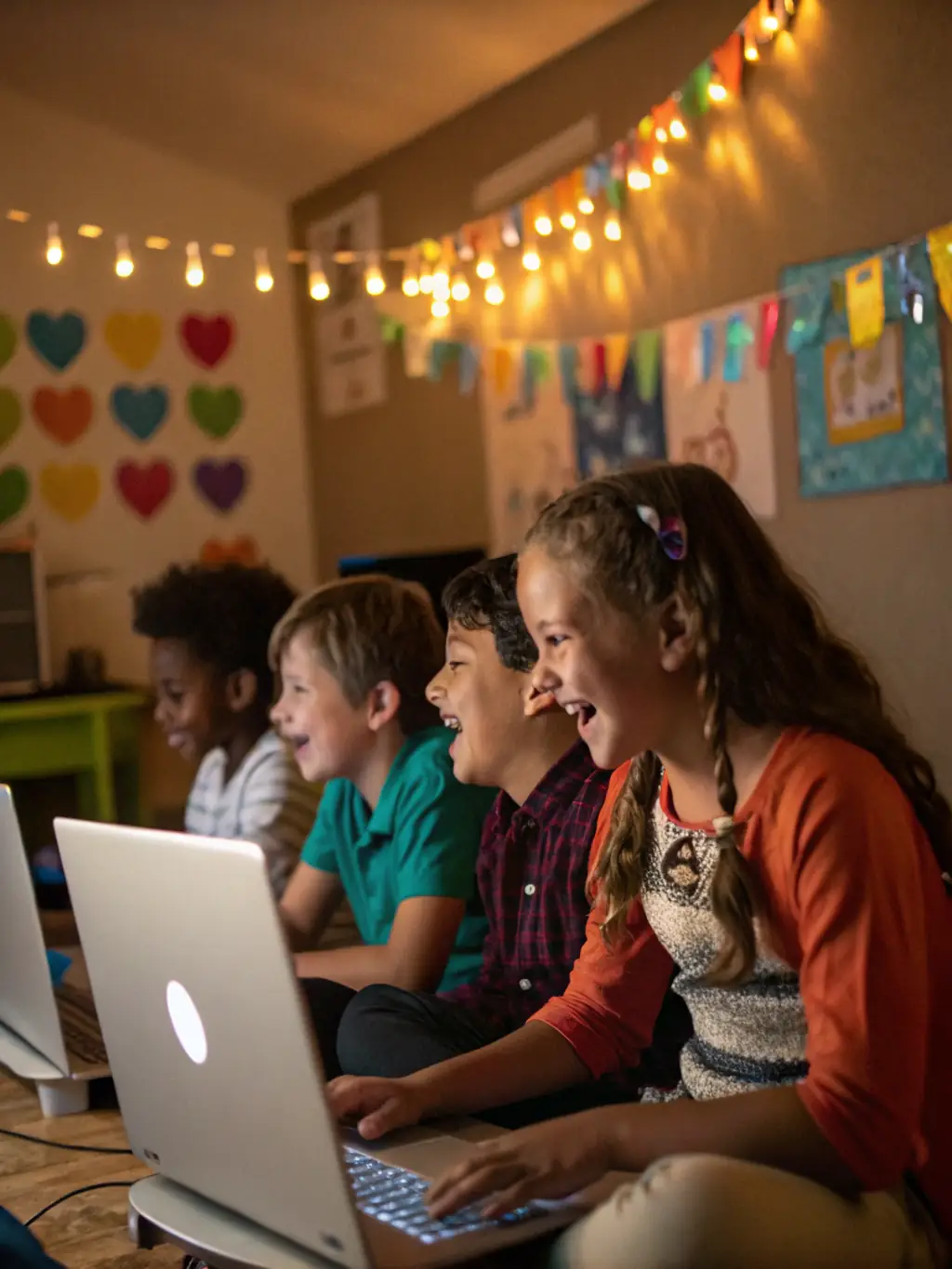 A vibrant image of children collaboratively working on a coding project during an in-person workshop, showcasing teamwork and engagement with technology.